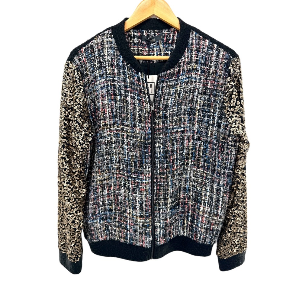 THML Multicolor Tweed Bomber Jacket Sequins Gold Metallic Zip Front‎ Women M NWT